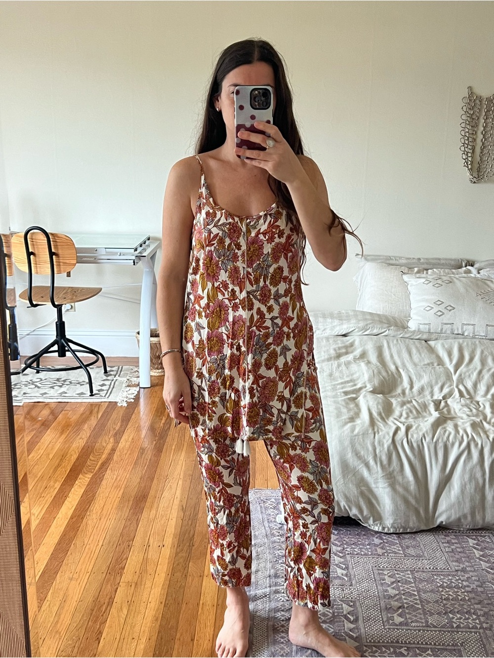 Free People Floral Cream Jumpsuit with Rust & Olive Print